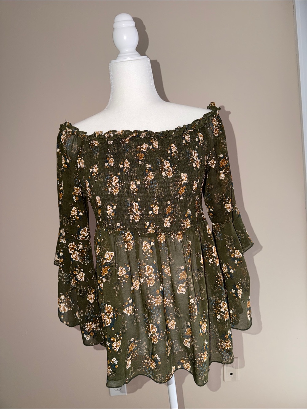 glam Olive Floral Off-Shoulder Smocked Peplum Blouse